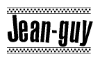 The clipart image displays the text Jean-guy in a bold, stylized font. It is enclosed in a rectangular border with a checkerboard pattern running below and above the text, similar to a finish line in racing. 