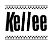 The clipart image displays the text Kellee in a bold, stylized font. It is enclosed in a rectangular border with a checkerboard pattern running below and above the text, similar to a finish line in racing. 