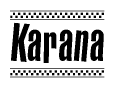 The image contains the text Karana in a bold, stylized font, with a checkered flag pattern bordering the top and bottom of the text.