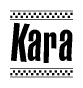 The image is a black and white clipart of the text Kara in a bold, italicized font. The text is bordered by a dotted line on the top and bottom, and there are checkered flags positioned at both ends of the text, usually associated with racing or finishing lines.