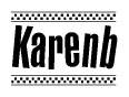 The image is a black and white clipart of the text Karenb in a bold, italicized font. The text is bordered by a dotted line on the top and bottom, and there are checkered flags positioned at both ends of the text, usually associated with racing or finishing lines.