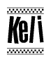The image contains the text Keli in a bold, stylized font, with a checkered flag pattern bordering the top and bottom of the text.
