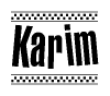 The image contains the text Karim in a bold, stylized font, with a checkered flag pattern bordering the top and bottom of the text.