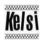 The clipart image displays the text Kelsi in a bold, stylized font. It is enclosed in a rectangular border with a checkerboard pattern running below and above the text, similar to a finish line in racing. 
