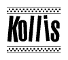 The image contains the text Kollis in a bold, stylized font, with a checkered flag pattern bordering the top and bottom of the text.