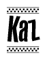 The clipart image displays the text Kaz in a bold, stylized font. It is enclosed in a rectangular border with a checkerboard pattern running below and above the text, similar to a finish line in racing. 