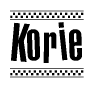 The clipart image displays the text Korie in a bold, stylized font. It is enclosed in a rectangular border with a checkerboard pattern running below and above the text, similar to a finish line in racing. 