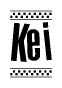 The image is a black and white clipart of the text Kei in a bold, italicized font. The text is bordered by a dotted line on the top and bottom, and there are checkered flags positioned at both ends of the text, usually associated with racing or finishing lines.