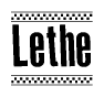 The image is a black and white clipart of the text Lethe in a bold, italicized font. The text is bordered by a dotted line on the top and bottom, and there are checkered flags positioned at both ends of the text, usually associated with racing or finishing lines.