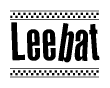 The image is a black and white clipart of the text Leebat in a bold, italicized font. The text is bordered by a dotted line on the top and bottom, and there are checkered flags positioned at both ends of the text, usually associated with racing or finishing lines.