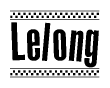 The image is a black and white clipart of the text Lelong in a bold, italicized font. The text is bordered by a dotted line on the top and bottom, and there are checkered flags positioned at both ends of the text, usually associated with racing or finishing lines.