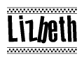 The image is a black and white clipart of the text Lizbeth in a bold, italicized font. The text is bordered by a dotted line on the top and bottom, and there are checkered flags positioned at both ends of the text, usually associated with racing or finishing lines.
