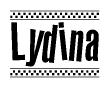 The image contains the text Lydina in a bold, stylized font, with a checkered flag pattern bordering the top and bottom of the text.
