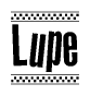 The clipart image displays the text Lupe in a bold, stylized font. It is enclosed in a rectangular border with a checkerboard pattern running below and above the text, similar to a finish line in racing. 