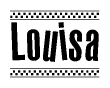 The image contains the text Louisa in a bold, stylized font, with a checkered flag pattern bordering the top and bottom of the text.
