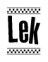 The clipart image displays the text Lek in a bold, stylized font. It is enclosed in a rectangular border with a checkerboard pattern running below and above the text, similar to a finish line in racing. 