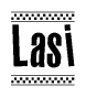 The image is a black and white clipart of the text Lasi in a bold, italicized font. The text is bordered by a dotted line on the top and bottom, and there are checkered flags positioned at both ends of the text, usually associated with racing or finishing lines.