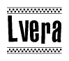The image is a black and white clipart of the text Lvera in a bold, italicized font. The text is bordered by a dotted line on the top and bottom, and there are checkered flags positioned at both ends of the text, usually associated with racing or finishing lines.
