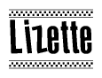 The clipart image displays the text Lizette in a bold, stylized font. It is enclosed in a rectangular border with a checkerboard pattern running below and above the text, similar to a finish line in racing. 