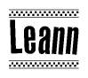 The image contains the text Leann in a bold, stylized font, with a checkered flag pattern bordering the top and bottom of the text.