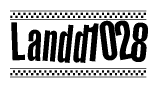 The image is a black and white clipart of the text Landd1028 in a bold, italicized font. The text is bordered by a dotted line on the top and bottom, and there are checkered flags positioned at both ends of the text, usually associated with racing or finishing lines.