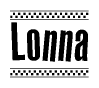The image is a black and white clipart of the text Lonna in a bold, italicized font. The text is bordered by a dotted line on the top and bottom, and there are checkered flags positioned at both ends of the text, usually associated with racing or finishing lines.