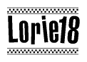 The image contains the text Lorie18 in a bold, stylized font, with a checkered flag pattern bordering the top and bottom of the text.