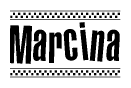 The image is a black and white clipart of the text Marcina in a bold, italicized font. The text is bordered by a dotted line on the top and bottom, and there are checkered flags positioned at both ends of the text, usually associated with racing or finishing lines.