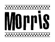 The clipart image displays the text Morris in a bold, stylized font. It is enclosed in a rectangular border with a checkerboard pattern running below and above the text, similar to a finish line in racing. 