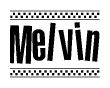 The image contains the text Melvin in a bold, stylized font, with a checkered flag pattern bordering the top and bottom of the text.