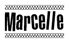 The image is a black and white clipart of the text Marcelle in a bold, italicized font. The text is bordered by a dotted line on the top and bottom, and there are checkered flags positioned at both ends of the text, usually associated with racing or finishing lines.