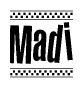 The image contains the text Madi in a bold, stylized font, with a checkered flag pattern bordering the top and bottom of the text.