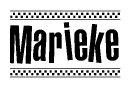The clipart image displays the text Marieke in a bold, stylized font. It is enclosed in a rectangular border with a checkerboard pattern running below and above the text, similar to a finish line in racing. 