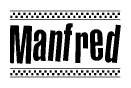 The image contains the text Manfred in a bold, stylized font, with a checkered flag pattern bordering the top and bottom of the text.