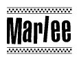 The image is a black and white clipart of the text Marlee in a bold, italicized font. The text is bordered by a dotted line on the top and bottom, and there are checkered flags positioned at both ends of the text, usually associated with racing or finishing lines.