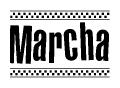The image is a black and white clipart of the text Marcha in a bold, italicized font. The text is bordered by a dotted line on the top and bottom, and there are checkered flags positioned at both ends of the text, usually associated with racing or finishing lines.