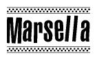 The clipart image displays the text Marsella in a bold, stylized font. It is enclosed in a rectangular border with a checkerboard pattern running below and above the text, similar to a finish line in racing. 