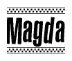 The clipart image displays the text Magda in a bold, stylized font. It is enclosed in a rectangular border with a checkerboard pattern running below and above the text, similar to a finish line in racing. 