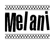 The clipart image displays the text Melani in a bold, stylized font. It is enclosed in a rectangular border with a checkerboard pattern running below and above the text, similar to a finish line in racing. 