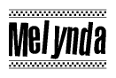 The clipart image displays the text Melynda in a bold, stylized font. It is enclosed in a rectangular border with a checkerboard pattern running below and above the text, similar to a finish line in racing. 