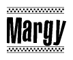 The image contains the text Margy in a bold, stylized font, with a checkered flag pattern bordering the top and bottom of the text.
