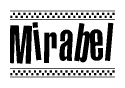 The image contains the text Mirabel in a bold, stylized font, with a checkered flag pattern bordering the top and bottom of the text.