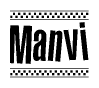 The image contains the text Manvi in a bold, stylized font, with a checkered flag pattern bordering the top and bottom of the text.