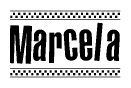 The clipart image displays the text Marcela in a bold, stylized font. It is enclosed in a rectangular border with a checkerboard pattern running below and above the text, similar to a finish line in racing. 