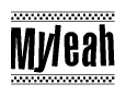 The image contains the text Myleah in a bold, stylized font, with a checkered flag pattern bordering the top and bottom of the text.