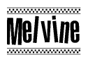 The image contains the text Melvine in a bold, stylized font, with a checkered flag pattern bordering the top and bottom of the text.