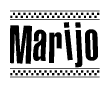 The image contains the text Marijo in a bold, stylized font, with a checkered flag pattern bordering the top and bottom of the text.