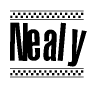 The image contains the text Nealy in a bold, stylized font, with a checkered flag pattern bordering the top and bottom of the text.