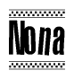The image contains the text Nona in a bold, stylized font, with a checkered flag pattern bordering the top and bottom of the text.