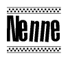 The image contains the text Nenne in a bold, stylized font, with a checkered flag pattern bordering the top and bottom of the text.